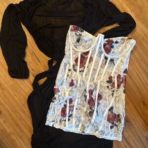 NWT PrettyLittleThing White Floral Lingerie With Black Sheer Long Robe